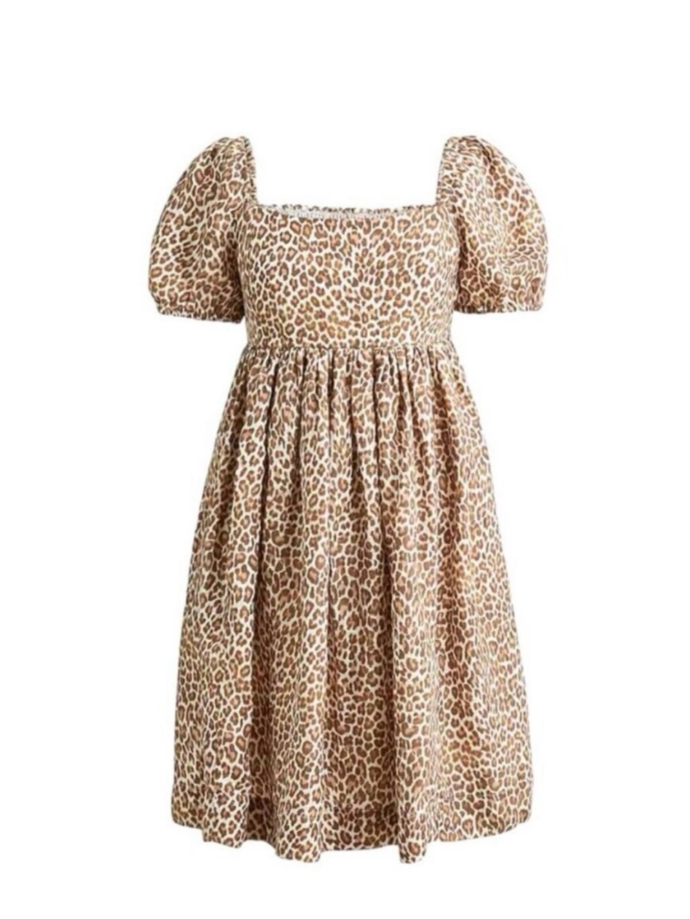 J Crew | Linen Cupro square neck baby doll smocked dress in leopard print